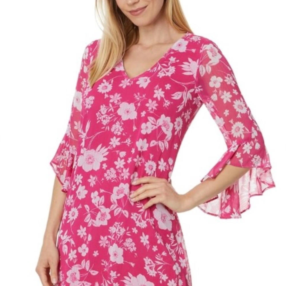 NWT Calvin Klein 3/4 Ruffle Sleeve V-Neck Floral Chiffon Dress Size 4